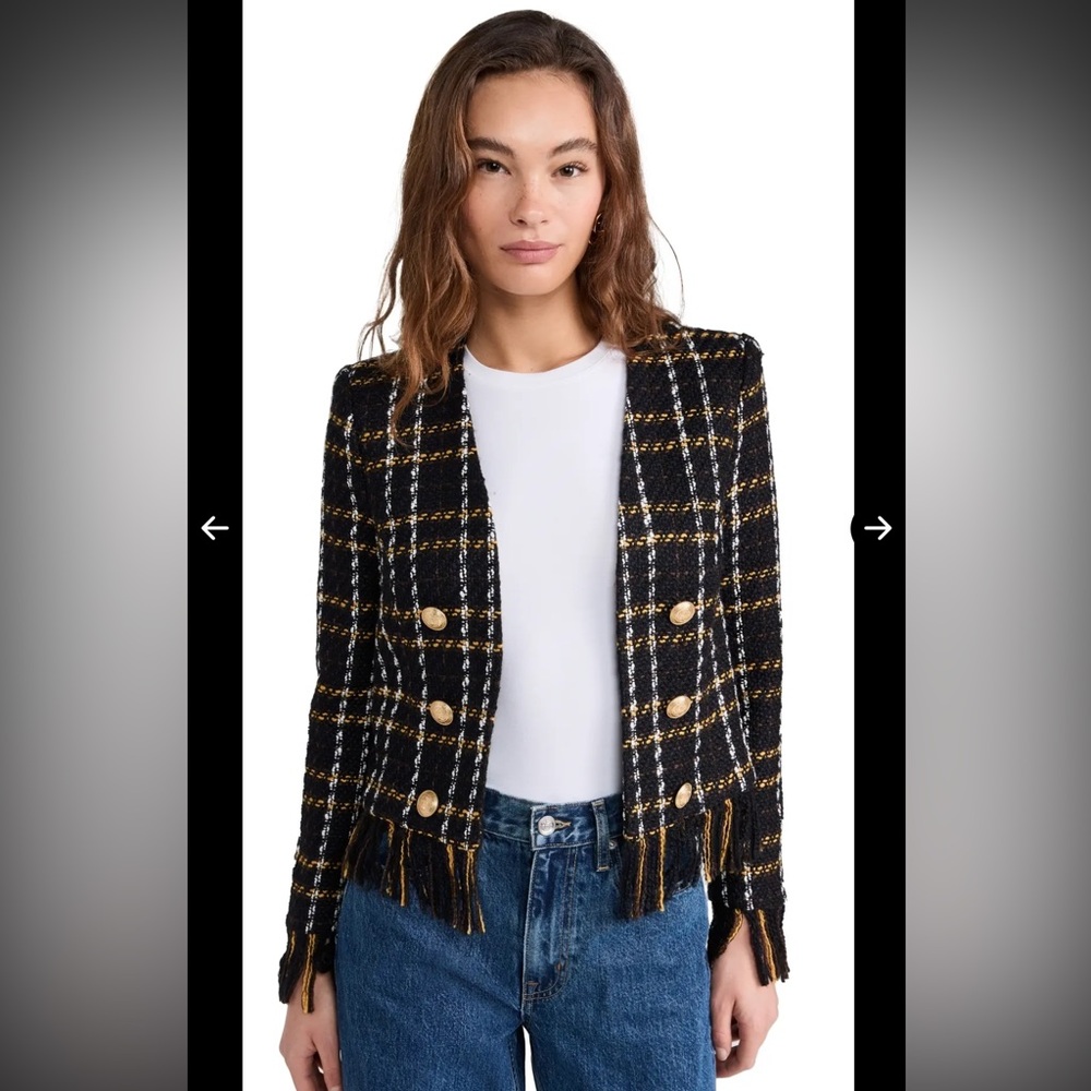 L’AGENCE Belmont Fringe Tweed Jacket Black Yellow Plaid Gold Buttons NWT Size 8 - Picture 15 of 16
